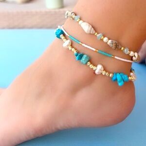 Turquoise and Gold Beaded Anklet Set 3 Pc Set